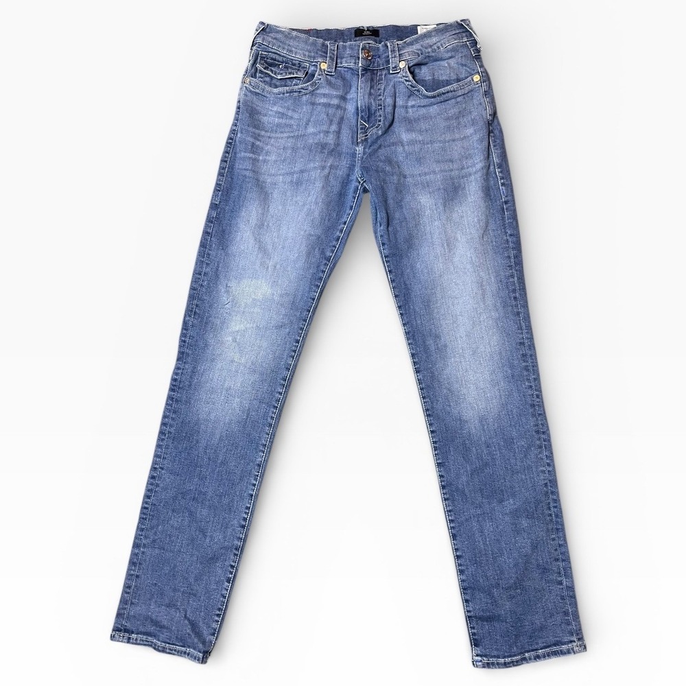 True Religion Geno Relaxed Slim Jeans Mens 34x33 Denim Pants Whiskered Horseshoe